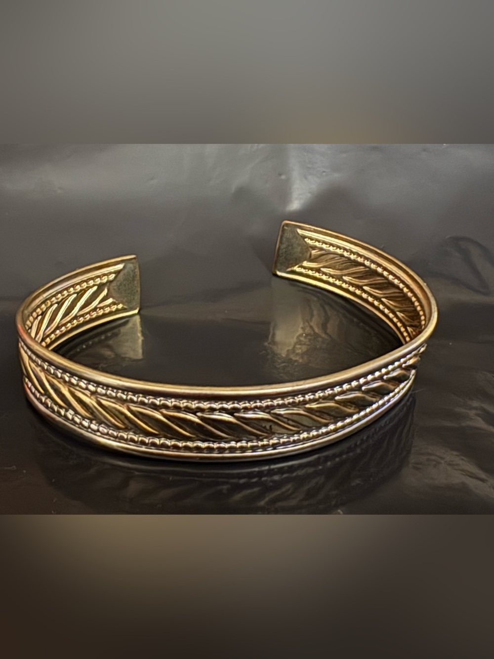 Vintage  Two-Tone Gold & Silver Metal Etched Leaf Pattern Cuff Bracelet
